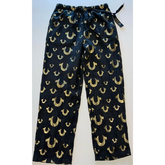True Religion Fleece Loungewear Pants Black Gold Horseshoe Logos AllOver Print M - Picture 1 of 6